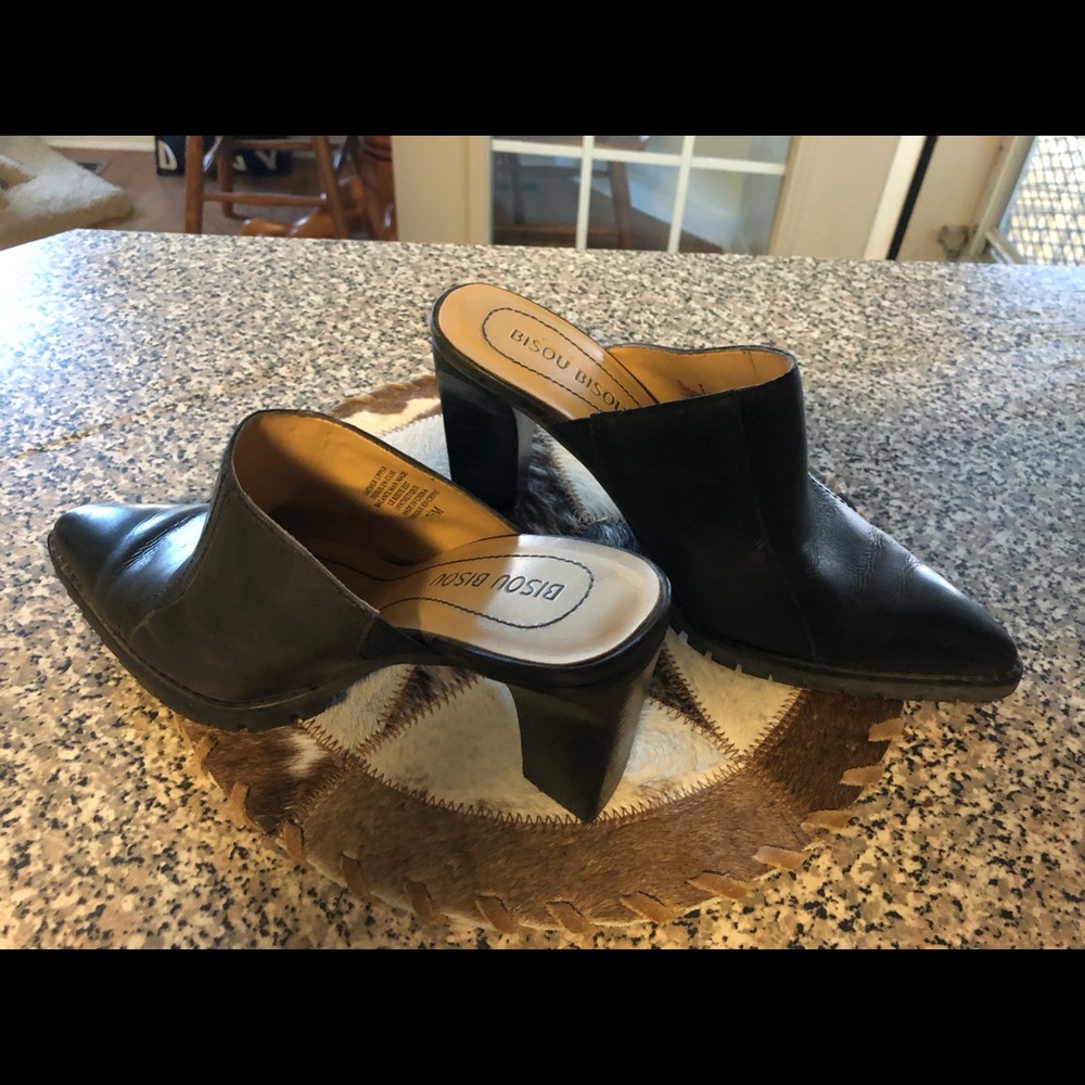 Black leather mules